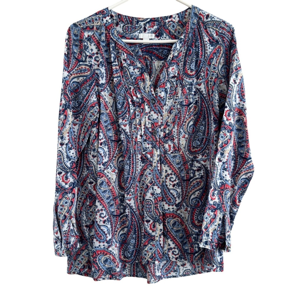 J Jill Tencel Blend Casual Tunic Button Up Blouse Paisley Long Sleeve Women's XS